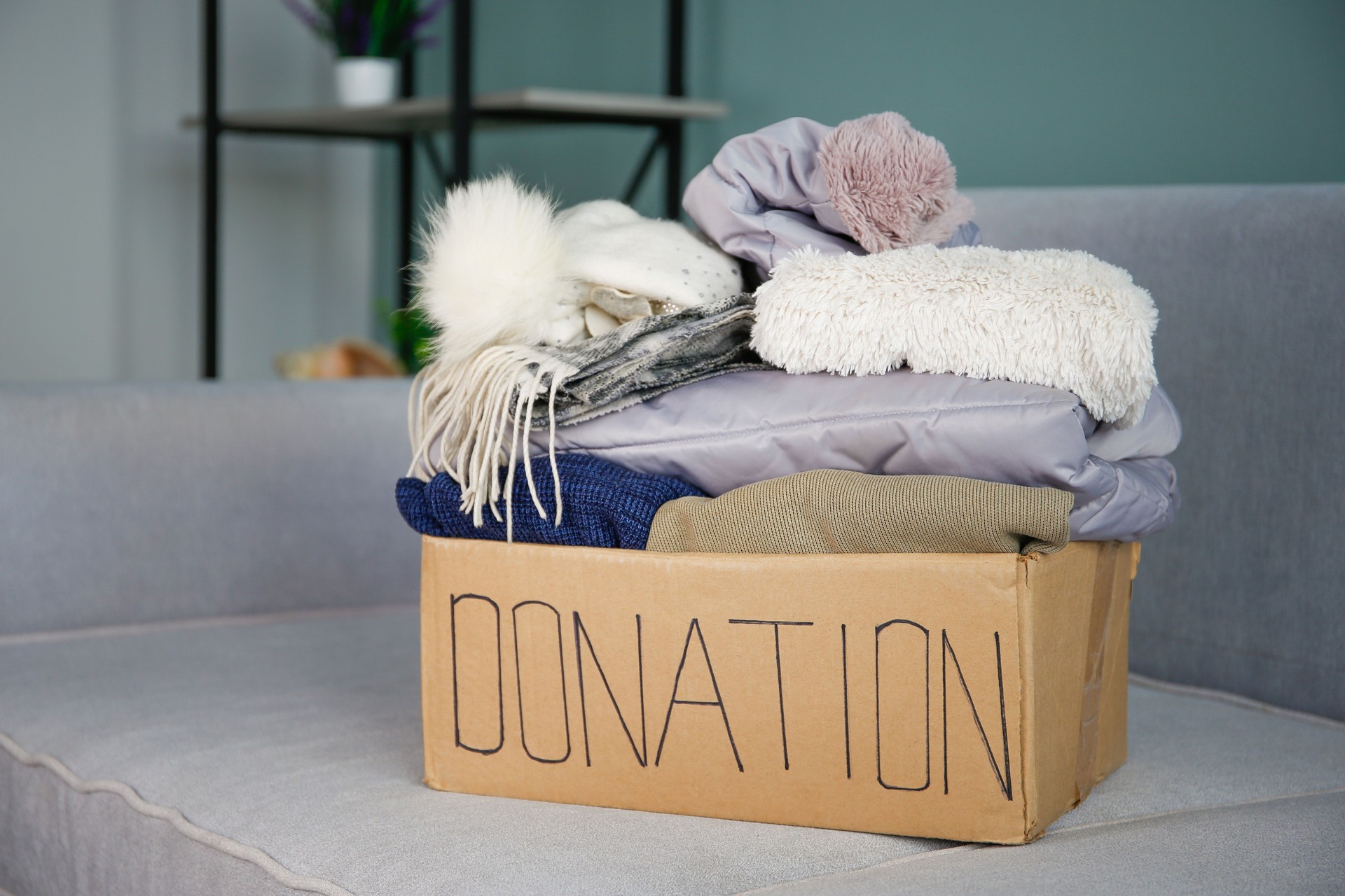 Donation box with clothes on the sofa in the living room.
